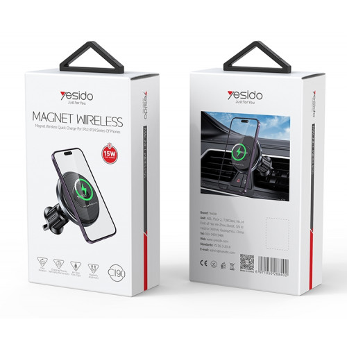 YESIDO C190 شاحن لاسلكي مغناطيسي للسيارة مزود بفتحة تهوية للهاتف بقدرة 15 وات لشحن سريع