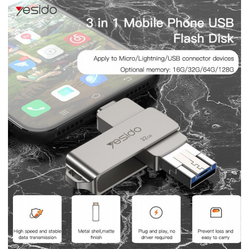 FLASH DRIVE - ذاكرة بيانات 3في 1 (64 جيجابايت) من Yesido -FL11 FLASH DRIVE - ذاكرة بيانات 3في 1 (64 جيجابايت) من Yesido -FL11