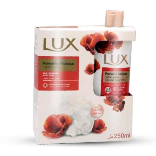 غسول جسم عطري رومانسية الكركديه لعطر يدوم 24 ساعة مع ليفة 250 مل من لوكس