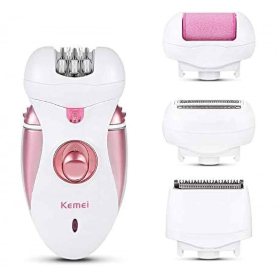 ماكينة حلاقة للنساء KM-2530 من كيمي 4 في 1 قابلة لاعادة الشحن، ماكينة حلاقة كهربائية للنساء، ماكينة حلاقة شعر للنساء لازالة شعر الجسم مع اداة للعناية بالقدمين، لون زهري