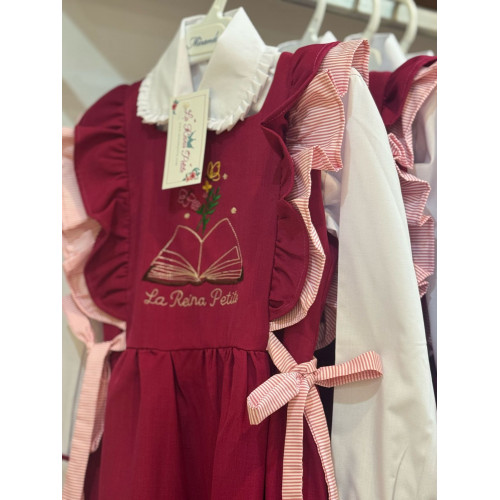 مريول مدرسي فوشي مطرز  وبكشكش مخطط + قميص أبيض بياقة   240425