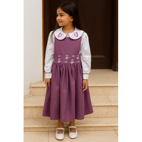 مريول مدرسي بنفسجي مطرز فراشات مع قميص مطرز 144732 مريول مدرسي بنفسجي مطرز فراشات مع قميص مطرز 144732