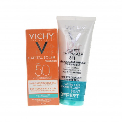 واقي شمس من فيشي بعامل حماية 50-50مل +حليب ومزيل للمكياج في نفس الوقت 100مل. واقي شمس من فيشي بعامل حماية 50-50مل +حليب ومزيل للمكياج في نفس الوقت 100مل.