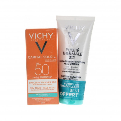 واقي شمس من فيشي بعامل حماية 50-50مل +حليب ومزيل للمكياج في نفس الوقت 100مل. واقي شمس من فيشي بعامل حماية 50-50مل +حليب ومزيل للمكياج في نفس الوقت 100مل.