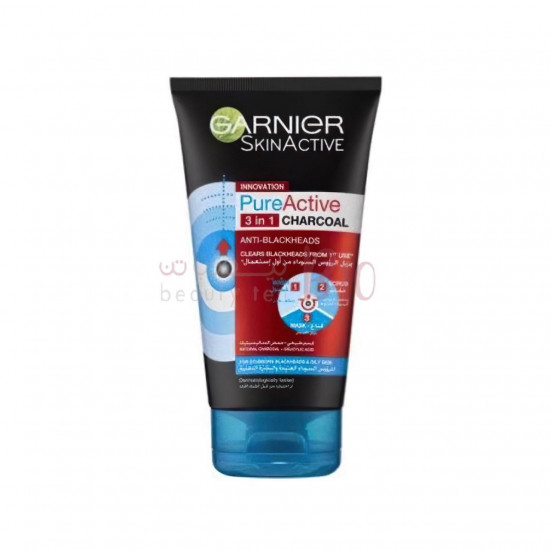 غسول مقشر بيور اكتيف 3 في 1 بالفحم لإزالة الرؤوس السوداء من قارنييه - 150 مل