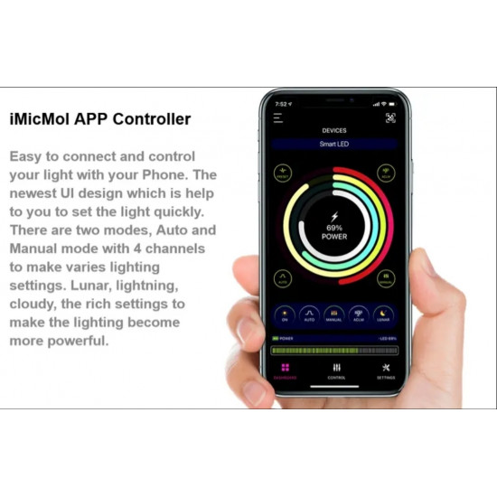 إضاءة LED مع خاصية WIFI بتحكم كامل وذكي بالإضافة إلى أستاند من الألمينيوم - MicMol Aqua CC إضاءة LED مع خاصية WIFI بتحكم كامل وذكي بالإضافة إلى أستاند من الألمينيوم - MicMol Aqua CC