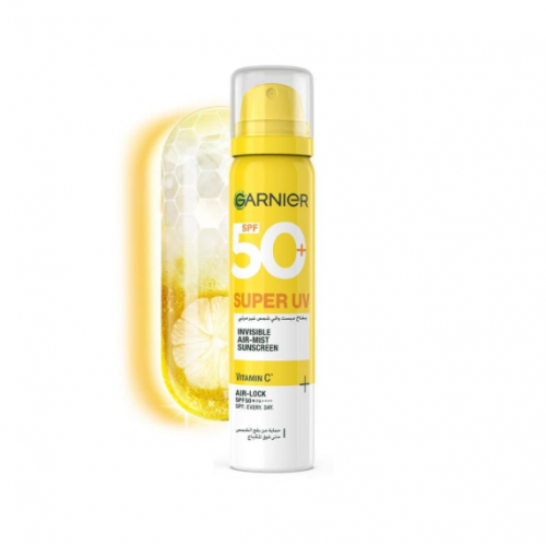 غارنييه سوبر يو ڤي بخاخ واقٍ من الشمس بعامل SPF50+ بتركيبة شفافة خفيفة مع فيتامين سي 75 مل Garnier Super UV SPF50+ Invisible Air-Mist Sunscreen, with Vitamin C, 75ml