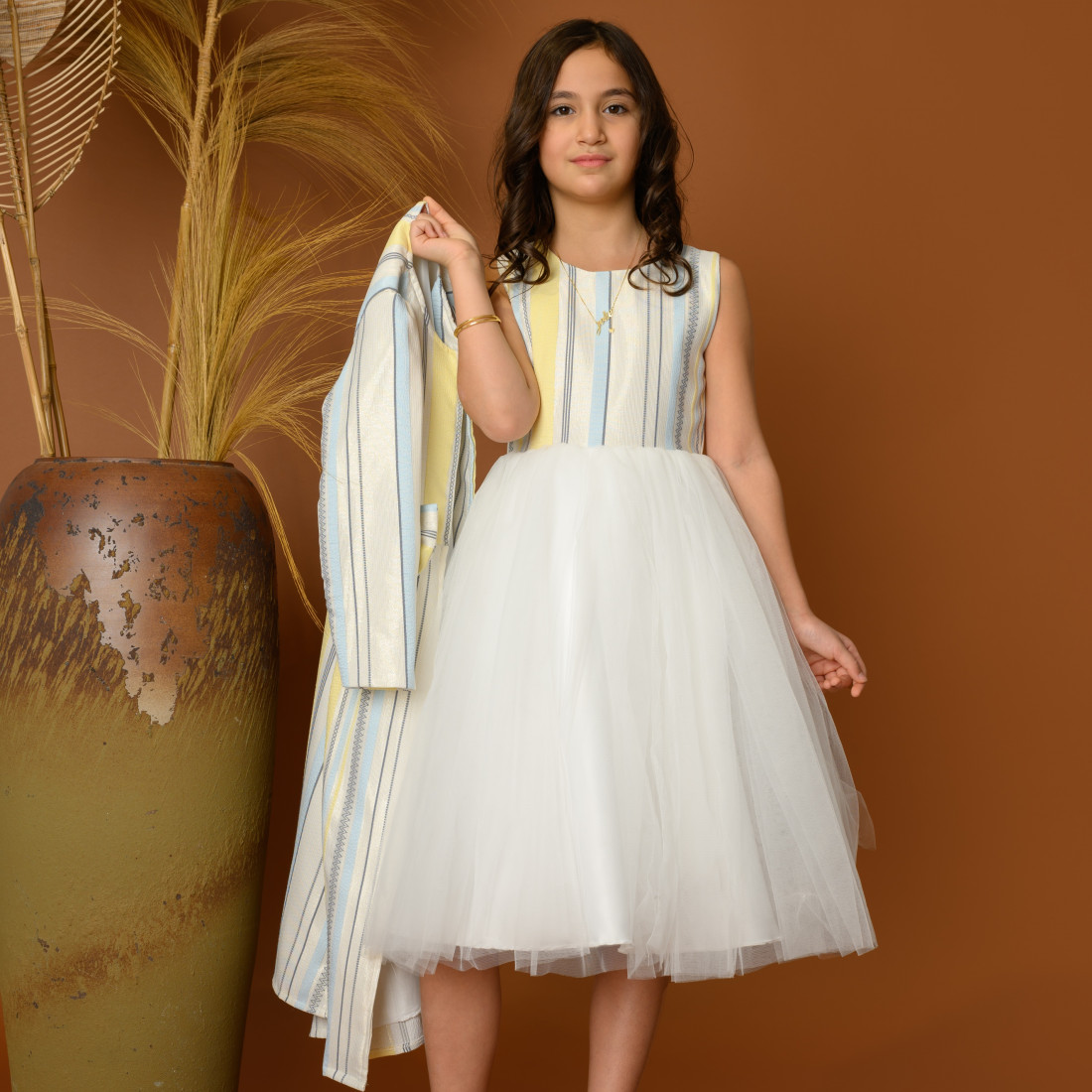 فستان بناتي سهرة مخطط مع جاكيت - 825