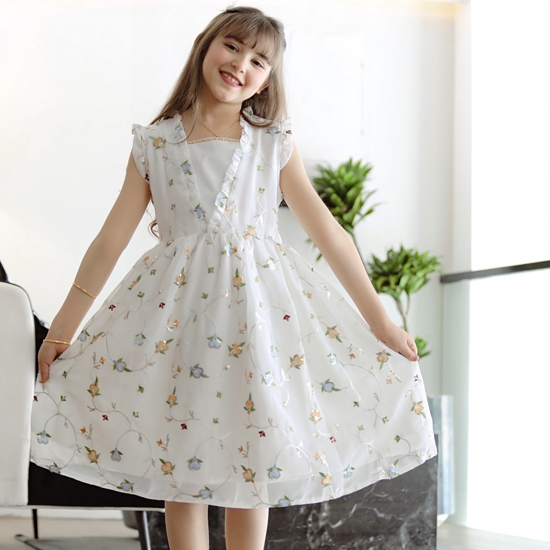 فستان بناتي مشجر بلمسات من اللون البرتقالي والسماوي - Mk2501006