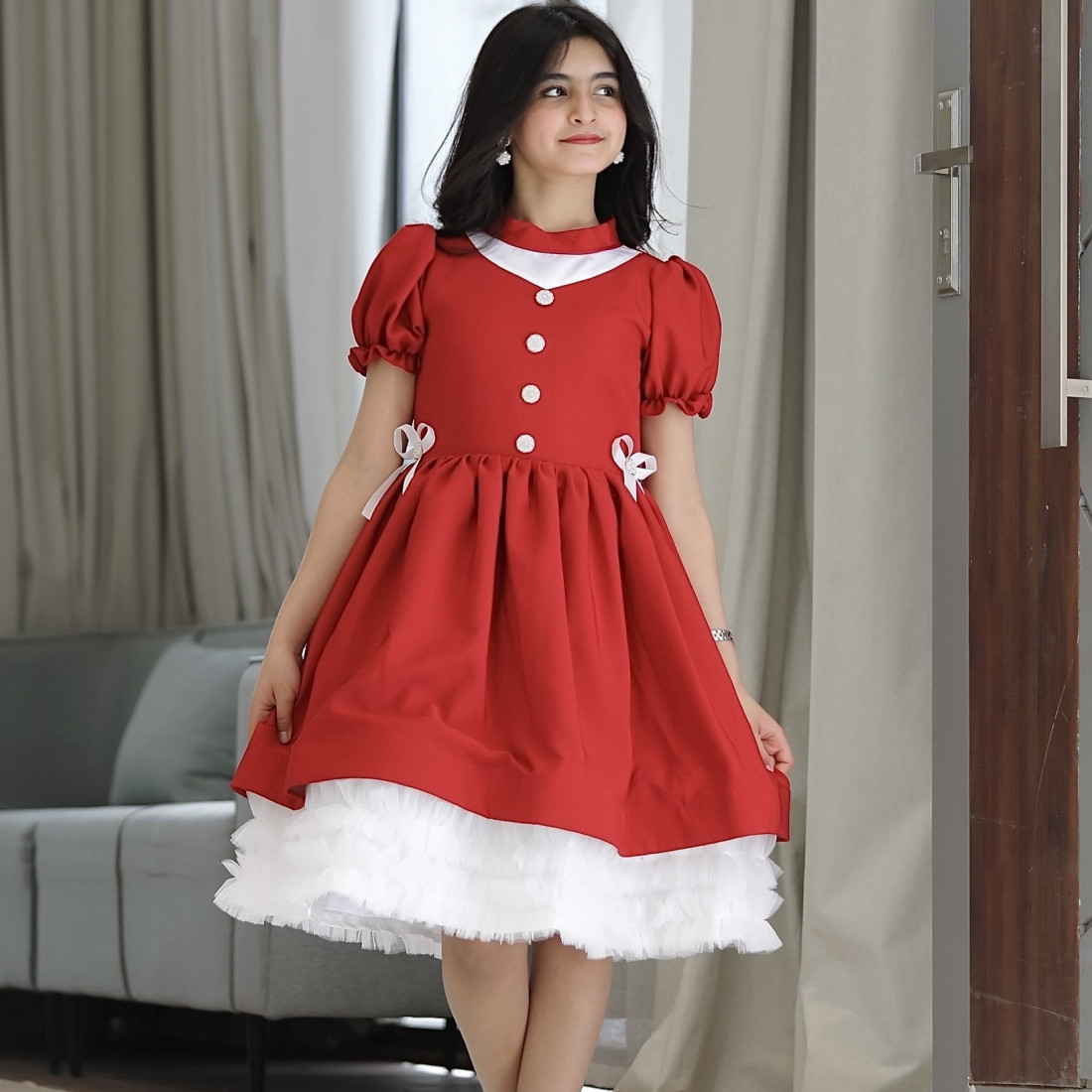 فستان بناتي أحمر بفيونكه على الخصر - 914