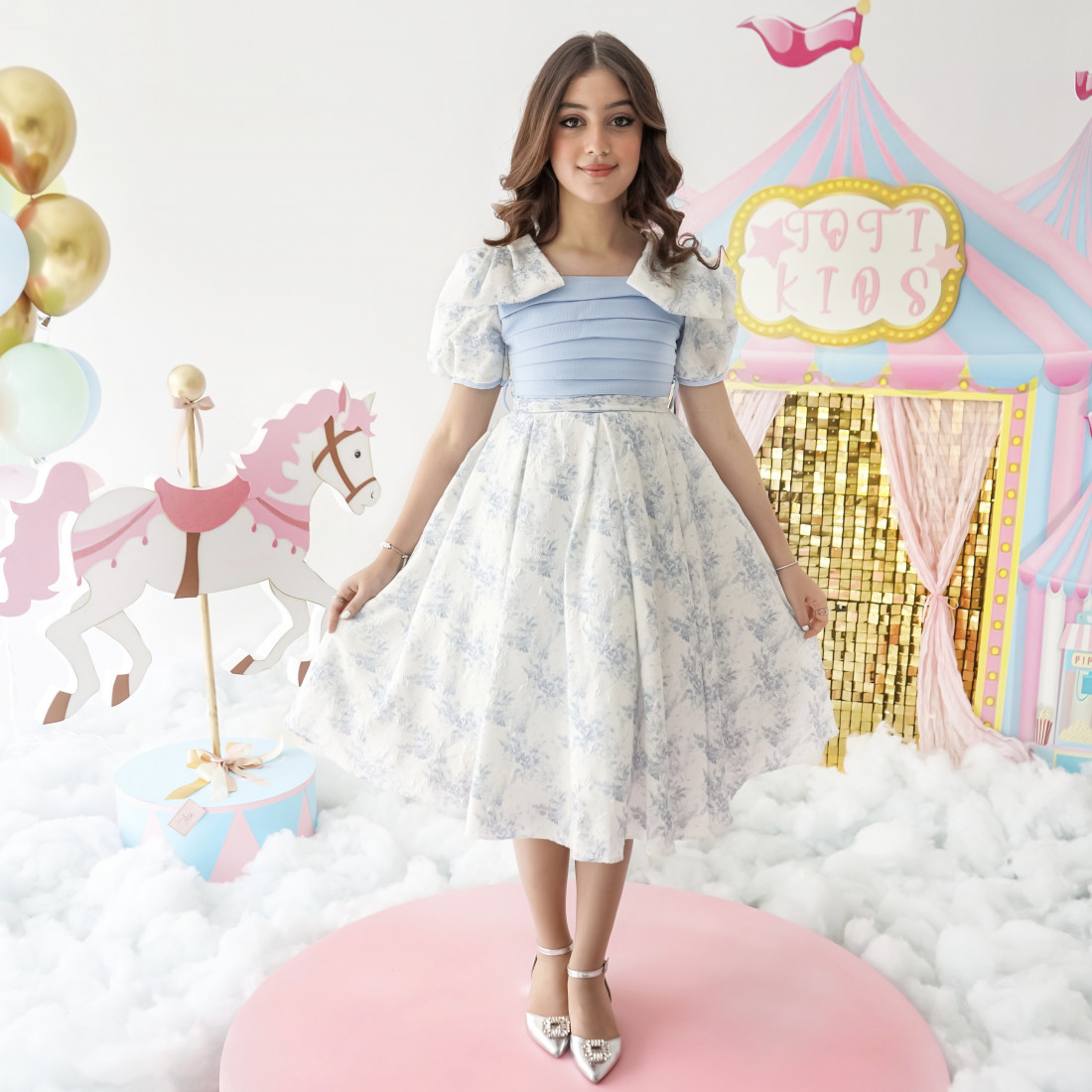 فستان بناتي كلاسيك مورد سماوي - 1017