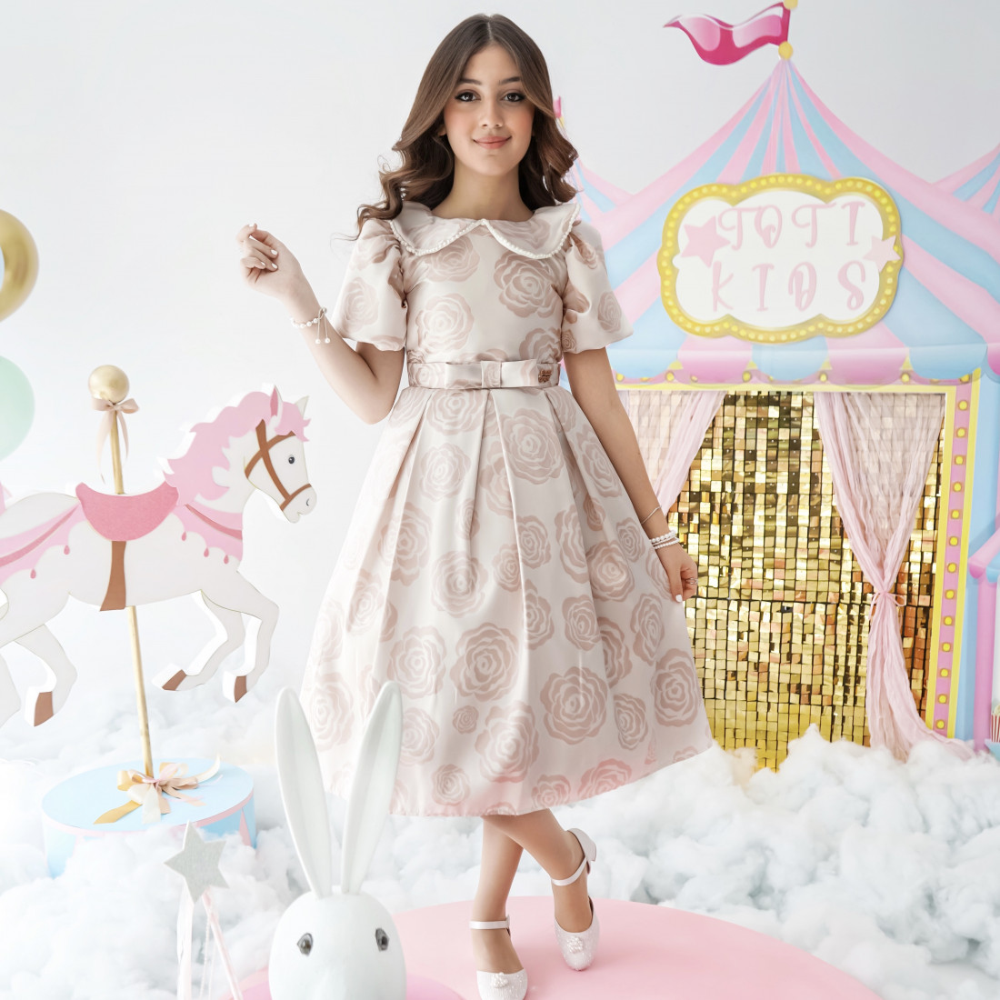 فستان بناتي جاكار وردي بإطلالة ملكية - 1002