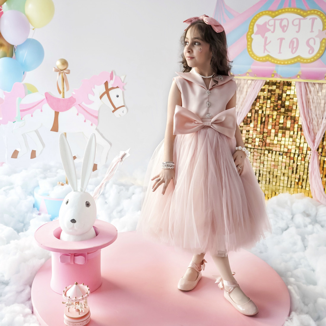 فستان سهرة بناتي وردي تل بفيونكة - M3724