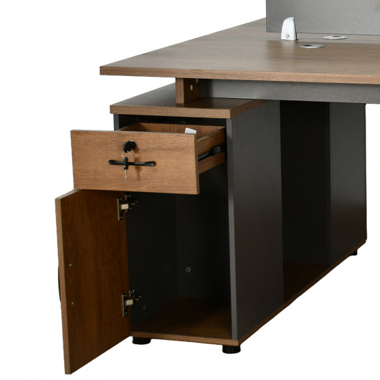 مكتب مزدوج خشبي مع وحدات تخزين بني