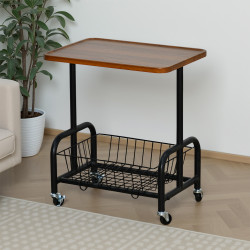 عربة تقديم سطح خشبي مع رف تخزين معدني