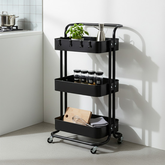 وحدة رفوف متحركة معدنية 3 أدوار أسود وحدة رفوف متحركة معدنية 3 أدوار أسود
