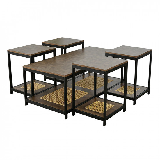 طقم طاولات خدمة 5 قطع 2 دور خشب مع راتان