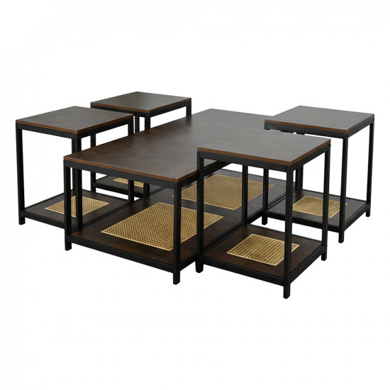 طقم طاولات خدمة 5 قطع 2 دور خشب مع راتان طقم طاولات خدمة 5 قطع 2 دور خشب مع راتان