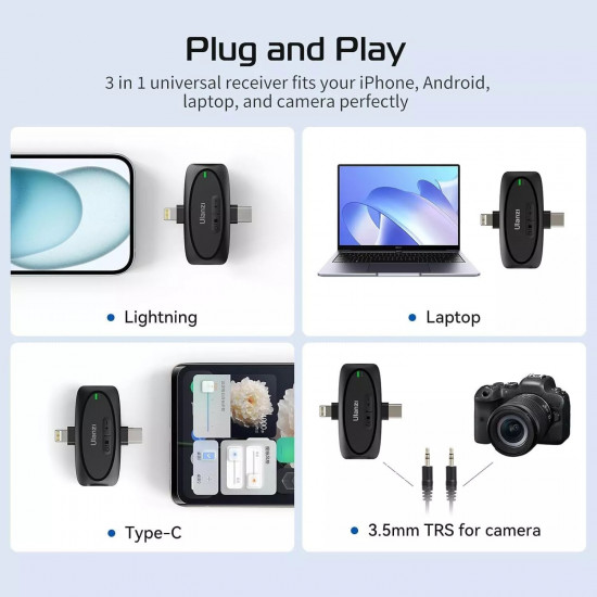 Ulanzi V6 3-in-1 Plug-Play Wireless Lavalier Microphone for iPhone/Android/Tablet/Camera Ulanzi V6 3-in-1 Plug-Play Wireless Lavalier Microphone for iPhone/Android/Tablet/Camera