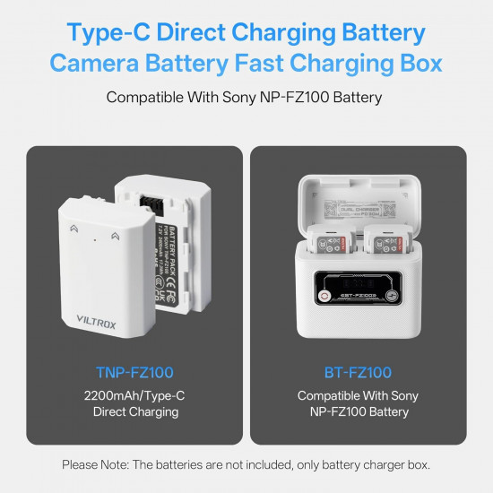 VILTROX BT-FZ100 Camera Battery Charging Case Power Bank for Sony NP-FZ100 (Battery Not Included) VILTROX BT-FZ100 Camera Battery Charging Case Power Bank for Sony NP-FZ100 (Battery Not Included)