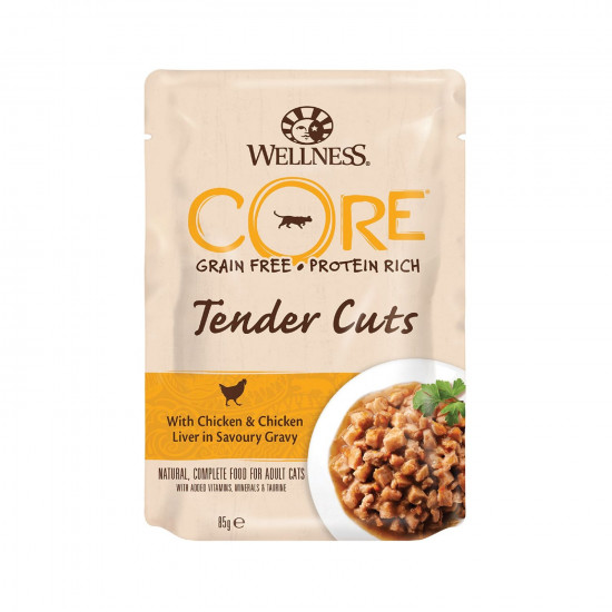 مغلفات ويلنس كور WELLNESS CORE طعام طري للقطط 85 جم بقطع الدجاج الطرية وكبد الدجاج في مرق مغلفات ويلنس كور WELLNESS CORE طعام طري للقطط 85 جم بقطع الدجاج الطرية وكبد الدجاج في مرق