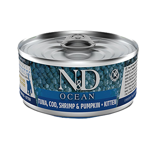 طعام معلب فارمينا N & D سمك التونة والقد والروبيان و اليقطين OCEAN للقطط الصغيرة طعام معلب فارمينا N & D سمك التونة والقد والروبيان و اليقطين OCEAN للقطط الصغيرة