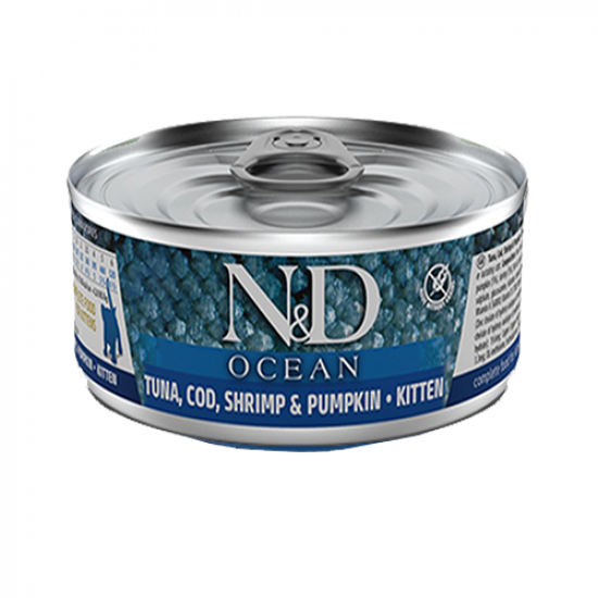 طعام معلب فارمينا N & D سمك التونة والقد والروبيان و اليقطين OCEAN للقطط الصغيرة طعام معلب فارمينا N & D سمك التونة والقد والروبيان و اليقطين OCEAN للقطط الصغيرة