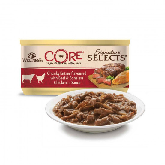طعام معلب WELLNESS CORE للقطط 79 جم اللحم البقري والدجاج مع الصلصة طعام معلب WELLNESS CORE للقطط 79 جم اللحم البقري والدجاج مع الصلصة