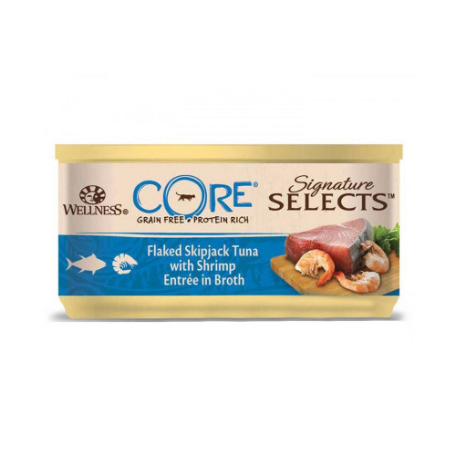 طعام معلب WELLNESS CORE للقطط 79 جم التونة والروبيان في مرق  طعام معلب WELLNESS CORE للقطط 79 جم التونة والروبيان في مرق