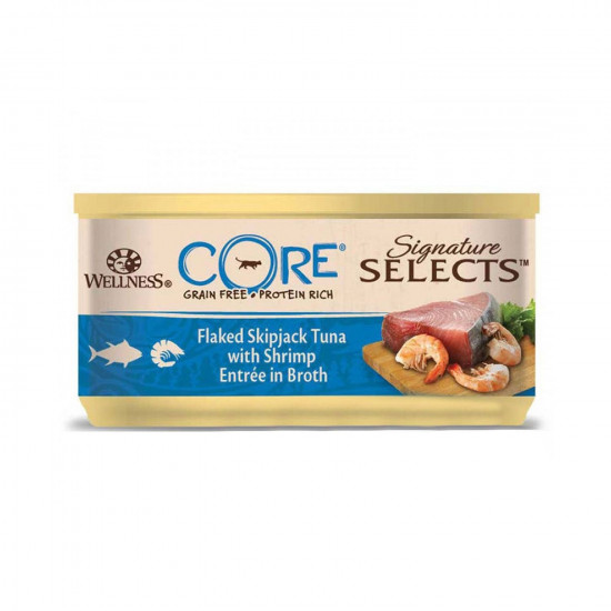 طعام معلب WELLNESS CORE للقطط 79 جم التونة والروبيان في مرق 
