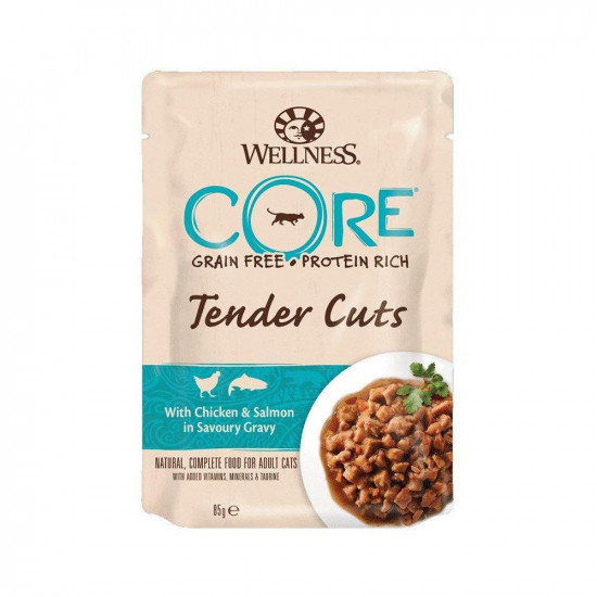 مغلفات ويلنس كور WELLNESS CORE طعام طري للقطط 85 جم بقطع الدجاج الطرية والسلمون في مرق مغلفات ويلنس كور WELLNESS CORE طعام طري للقطط 85 جم بقطع الدجاج الطرية والسلمون في مرق