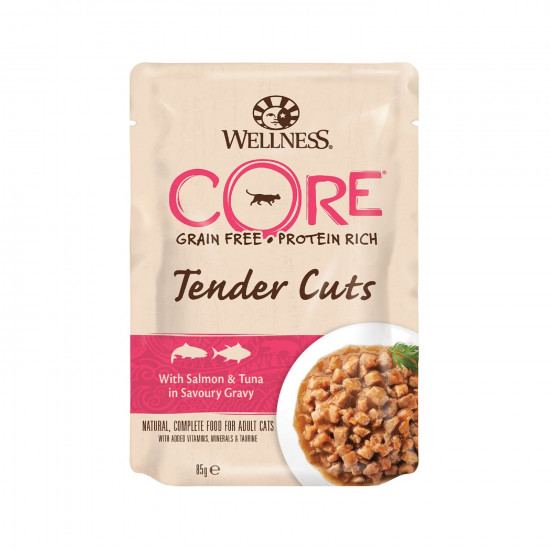 مغلفات ويلنس كور WELLNESS CORE طعام طري للقطط 85 جم بقطع السلمون والتونة الطرية في مرق مغلفات ويلنس كور WELLNESS CORE طعام طري للقطط 85 جم بقطع السلمون والتونة الطرية في مرق