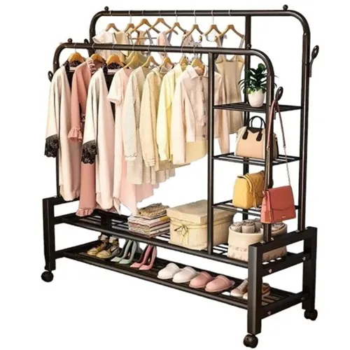 منظم وعلاق الملابس الثنائي باللون الاسود مع رفوف إضافية للتنظيم  منظم وعلاق الملابس الثنائي باللون الاسود مع رفوف إضافية للتنظيم