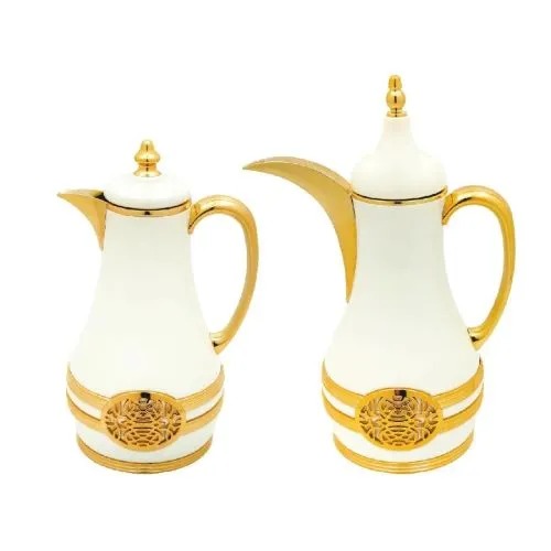 طقم ترامس فاخر باللون الأبيض مسكة ذهبية 1+1لتر