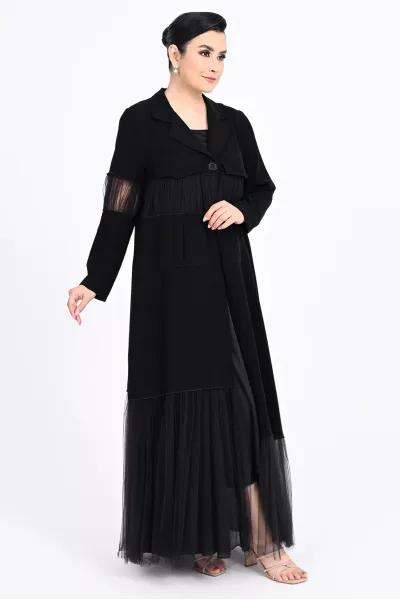عباية كريب أسود و تافتا 01014