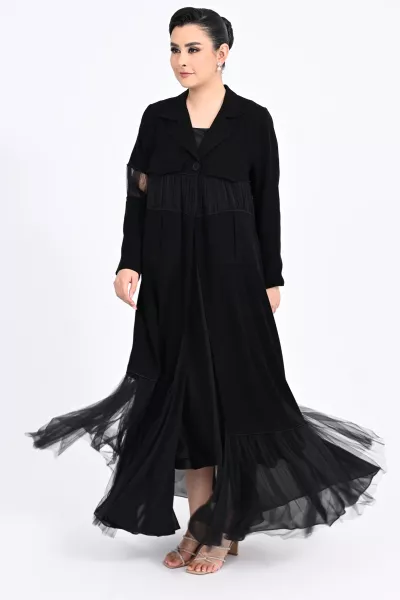 عباية كريب أسود و تافتا 01014