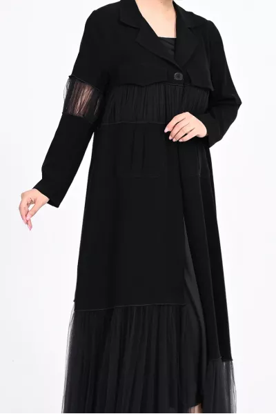 عباية كريب أسود و تافتا 01014