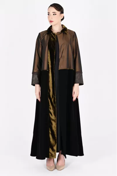 عباية 01043 تافتا بني داكن مع كريب وأساور جلد