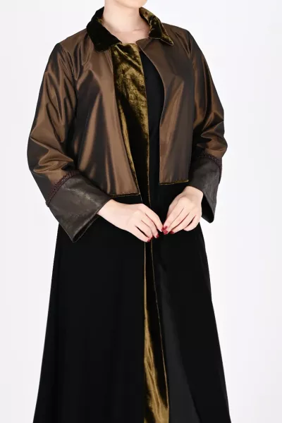 عباية 01043 تافتا بني داكن مع كريب وأساور جلد