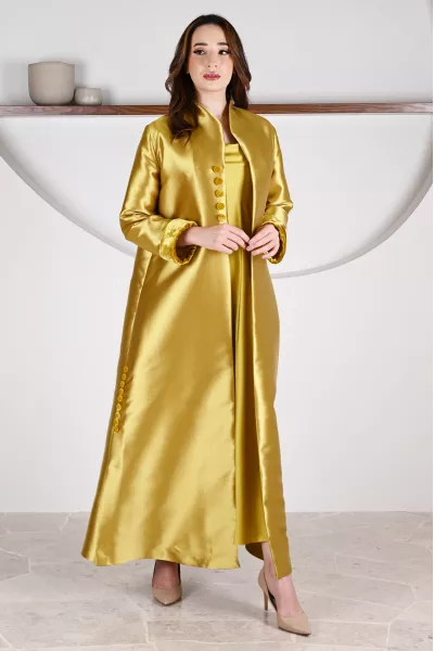 عباية 01047 قماش حريري من التفتا باللون الأصفر الخردلي