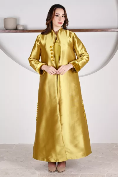 عباية 01047 قماش حريري من التفتا باللون الأصفر الخردلي