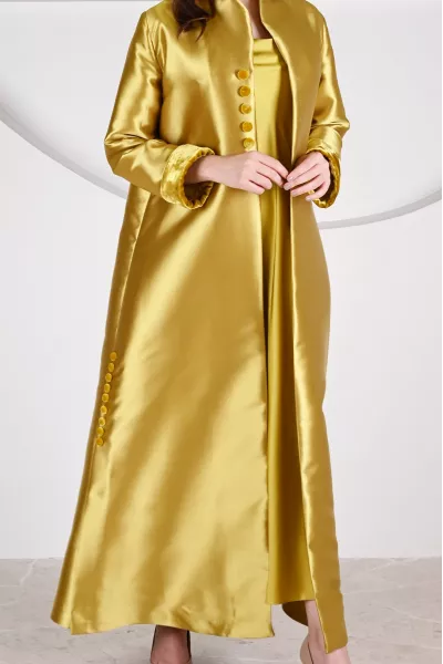 عباية 01047 قماش حريري من التفتا باللون الأصفر الخردلي