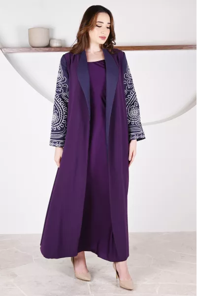 عباية 01049 عباية بليزر من الكريب الأرجواني مع أورجانزا