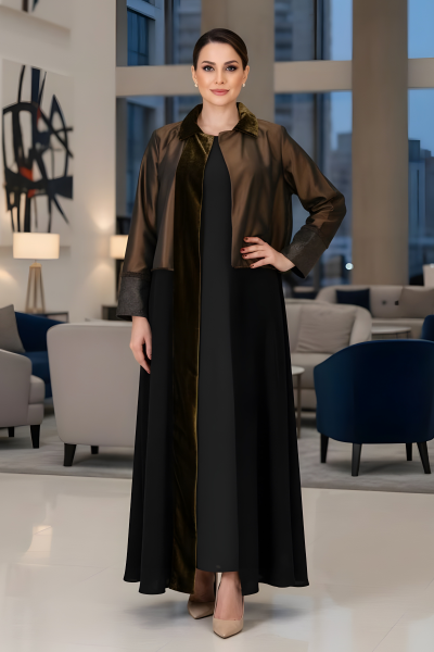 عباية 01043 تافتا بني داكن مع كريب وأساور جلد عباية 01043 تافتا بني داكن مع كريب وأساور جلد