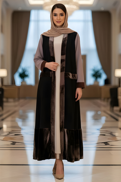 عباية 01039 كريب مع مخمل و حواف برونزية عباية 01039 كريب مع مخمل و حواف برونزية