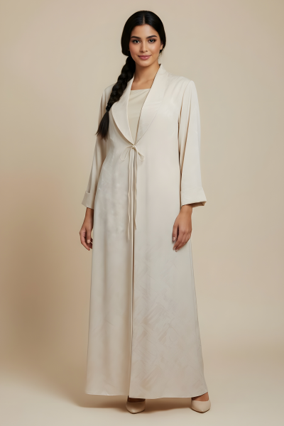 عباية سلك مع كريب ناعم لون كريمي بنقش خفيف 01082