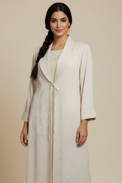 عباية سلك مع كريب ناعم لون كريمي بنقش خفيف 01082