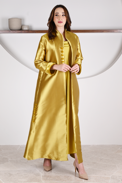 عباية 01047 قماش حريري من التفتا باللون الأصفر الخردلي عباية 01047 قماش حريري من التفتا باللون الأصفر الخردلي