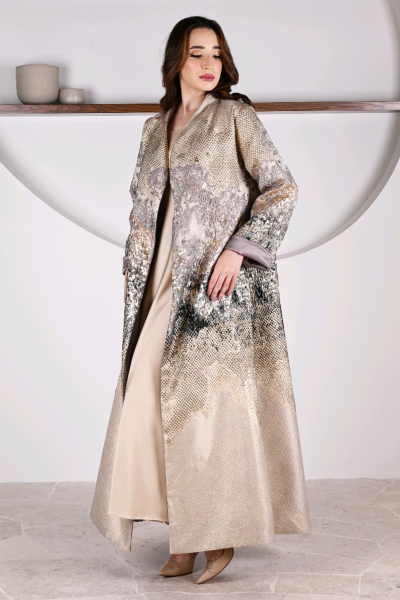 عباية 01064 عباية بليزر جاكار ذهبية معدنية منقوشة عباية 01064 عباية بليزر جاكار ذهبية معدنية منقوشة