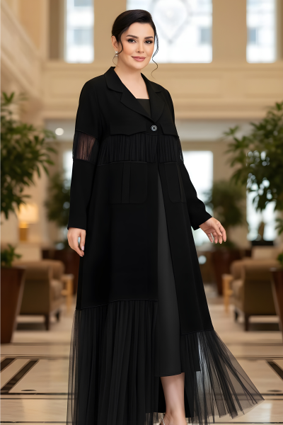 عباية كريب أسود و تافتا 01014